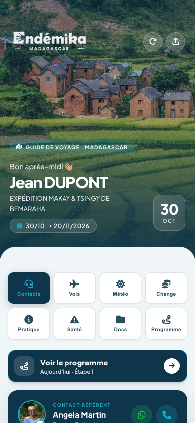 Écran d'accueil de l'app compagnon de voyage Endemika