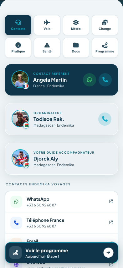 Contacts du guide et du conseiller dans l'app Endemika