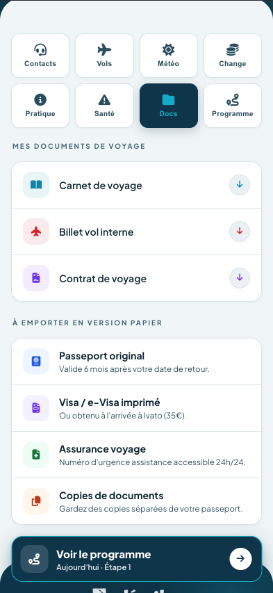 Documents de voyage dans l'app Endemika