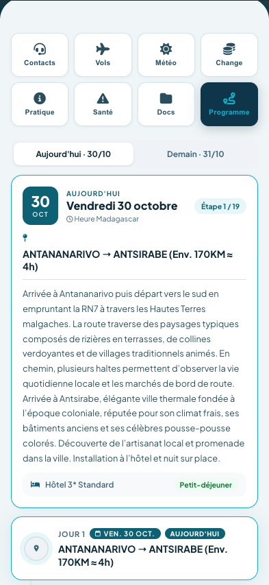 Programme du jour dans l'app Endemika
