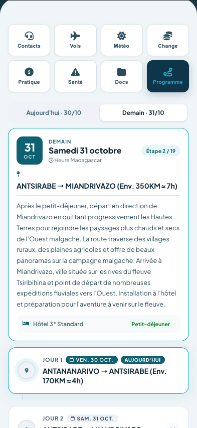 Programme jour par jour dans l'app de voyage Endemika