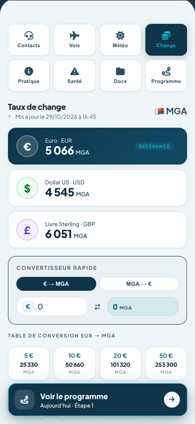 Taux de change euro ariary dans l'app Endemika