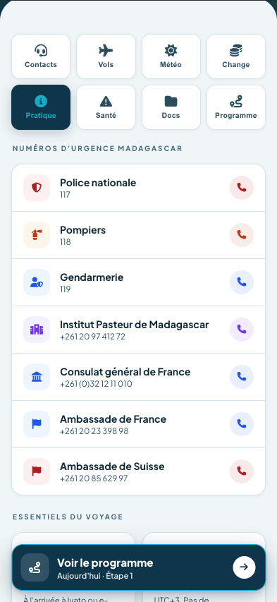 Numéros d'urgence et conseils santé dans l'app Endemika