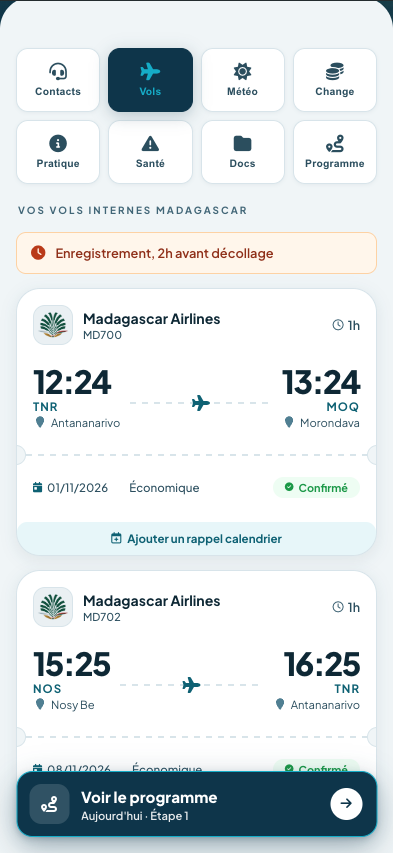 Vols internes à Madagascar dans l'app Endemika